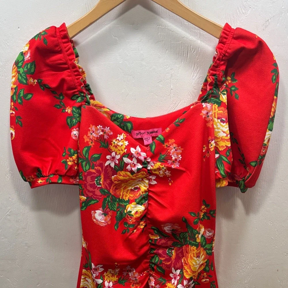 Betsey Johnson Red Fire Flower Milkmaid Mini Dress Floral Puff Sleeve Ruched Y2K - Picture 3 of 8